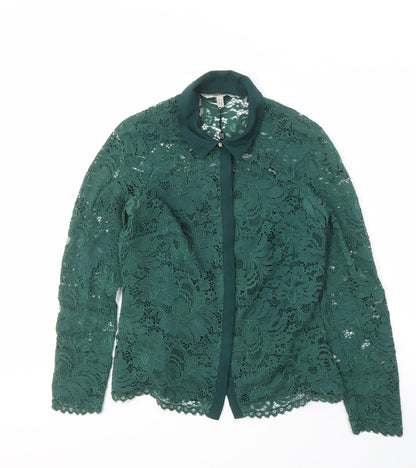 Coast Women's Green Lace Top UK 8 Collared Long Sleeve