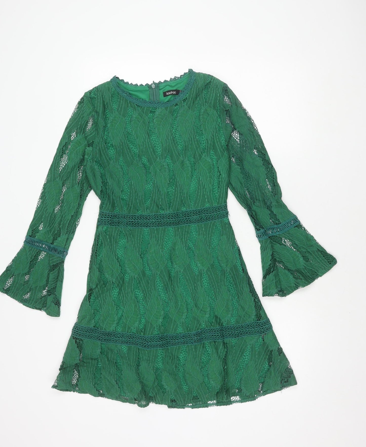 Boohoo Women's Green Lace Dress Size 8 with Bell Sleeves