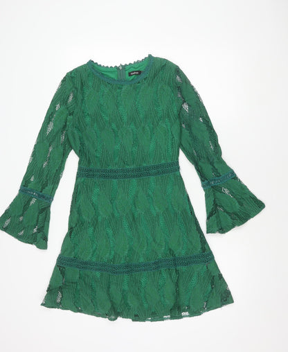 Boohoo Women's Green Lace Dress Size 8 with Bell Sleeves