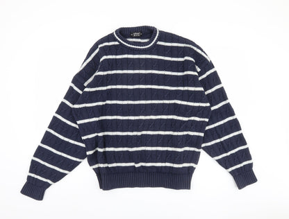 St Michael Men's Blue Striped Cotton Pullover Jumper, L