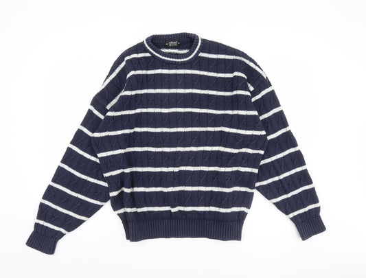 St Michael Men's Blue Striped Cotton Pullover Jumper, L
