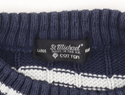 St Michael Men's Blue Striped Cotton Pullover Jumper, L