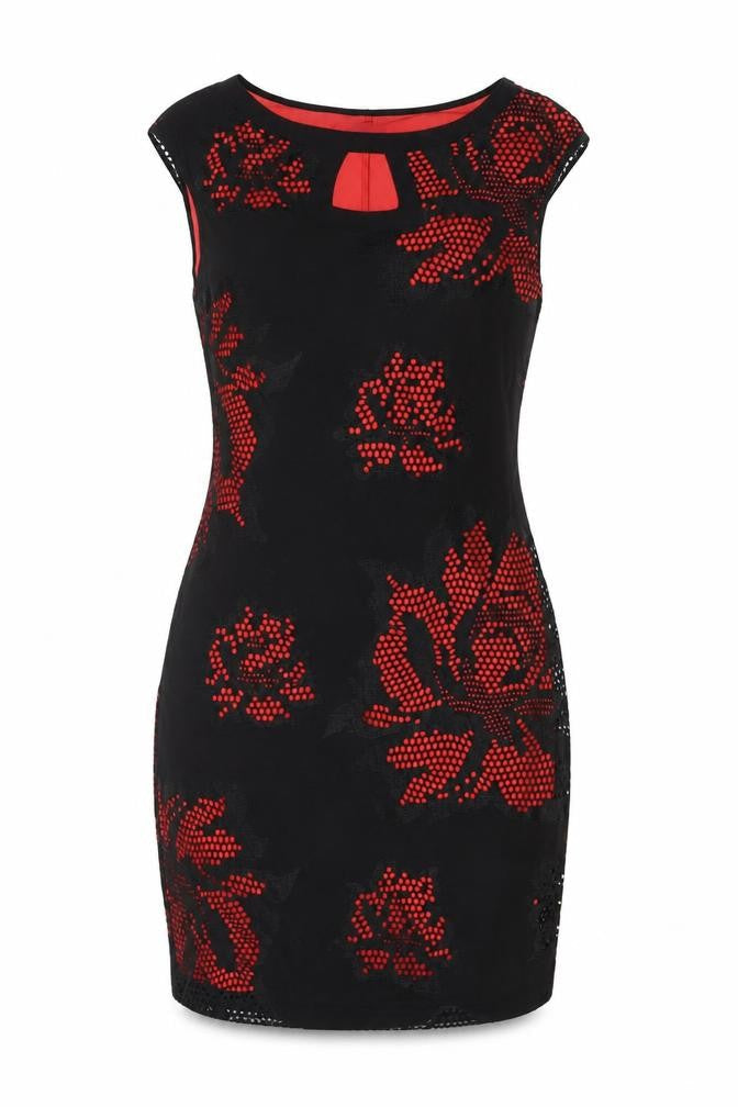 Front view of Roman Originals Women's Black Red Floral Sheath Dress, size 12