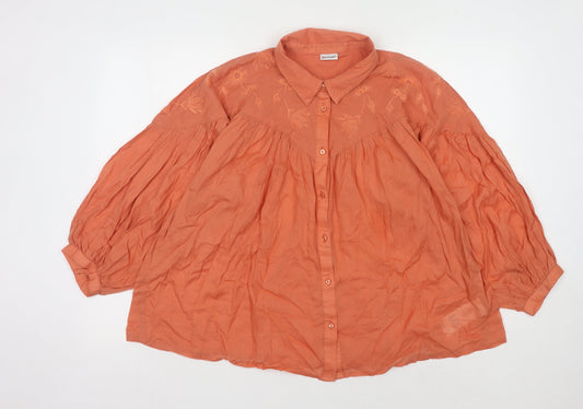 Damart Women's Orange 3/4 Sleeve Collared Button-Up Top