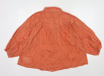 Damart Women's Orange 3/4 Sleeve Collared Button-Up Top