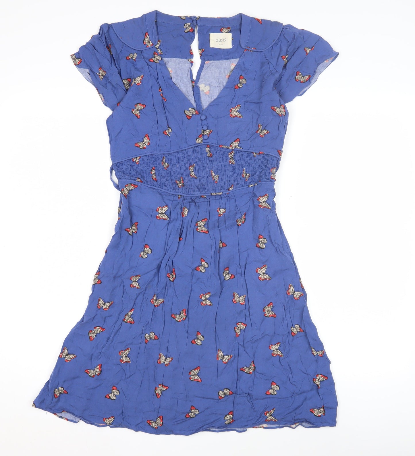 Oasis Women Blue Butterfly Dress, Size 8, Short Sleeve