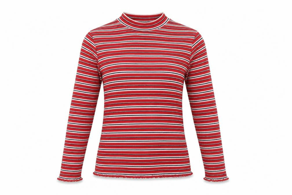 Marks and Spencer Women Red Striped Mock Neck T-Shirt