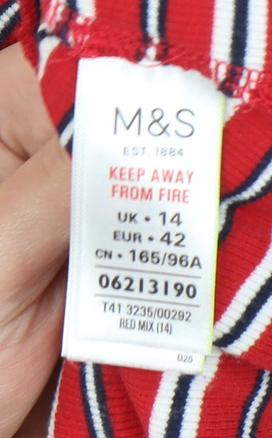 Marks and Spencer Women Red Striped Mock Neck T-Shirt