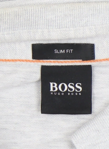 Boss Men's Grey Long Sleeve Slim Fit Polo, Size M