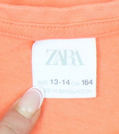 Zara Girls Orange Cotton T-Shirt 13-14 Years Solid Crew Neck