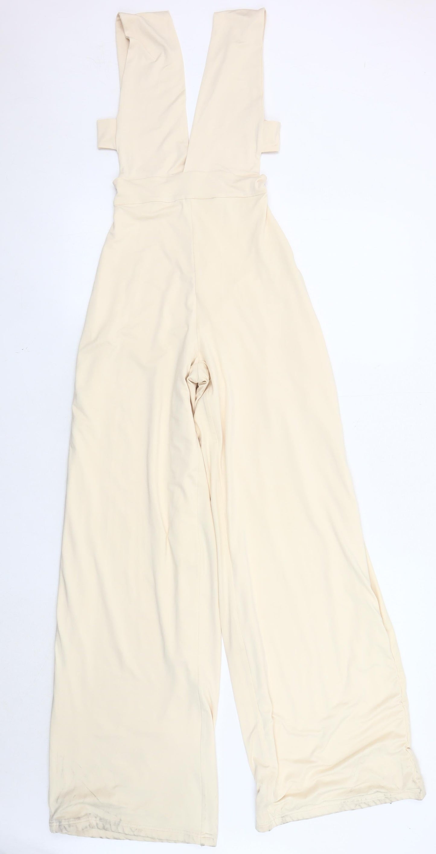 Oh Polly Beige Wide-Leg Jumpsuit, Size 8, Elegant V-Neck