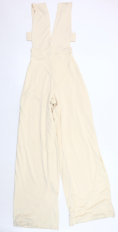 Oh Polly Beige Wide-Leg Jumpsuit, Size 8, Elegant V-Neck