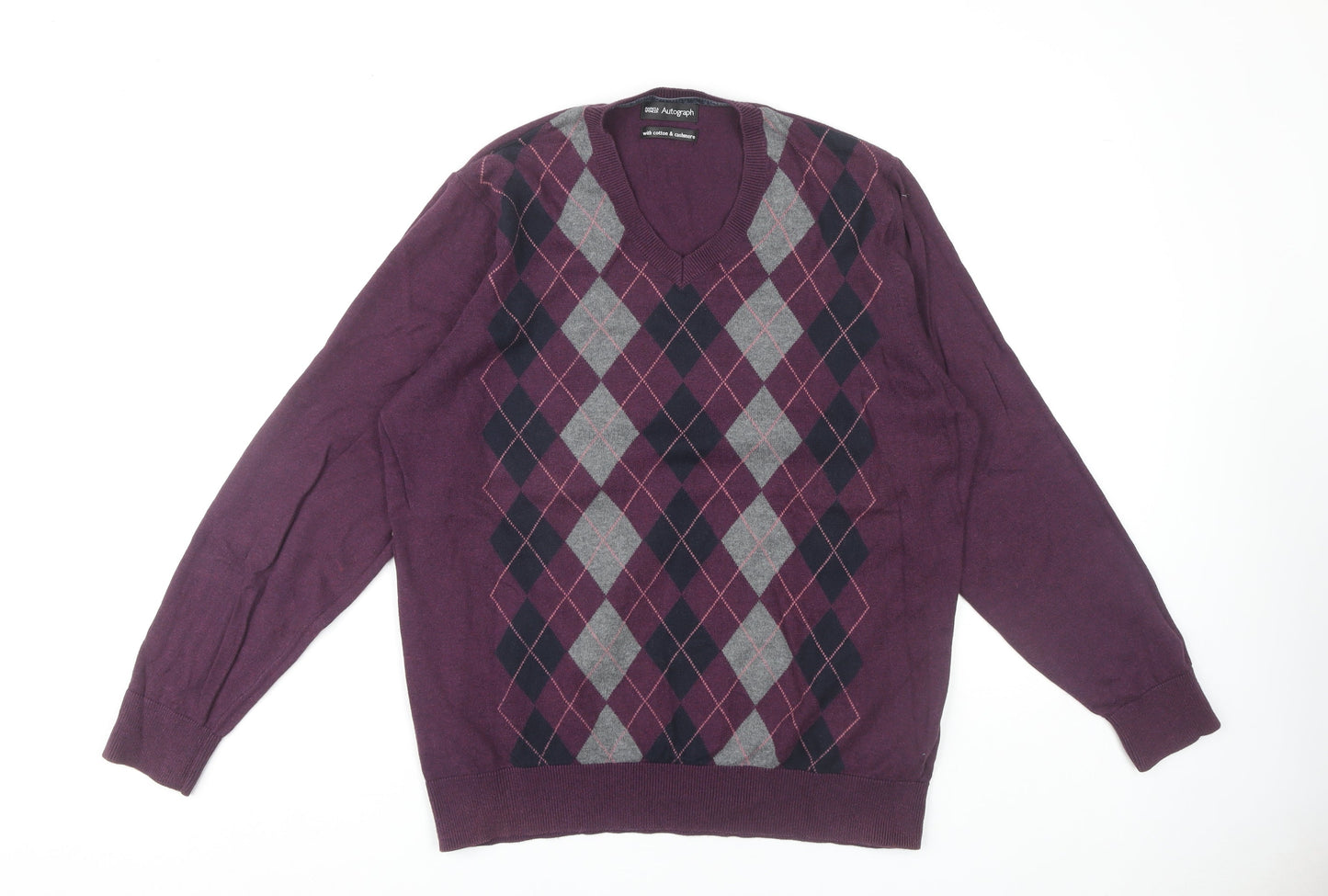 Marks and Spencer Men's Purple Argyle V-Neck Jumper L