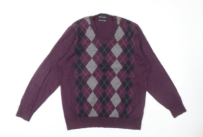 Marks and Spencer Men's Purple Argyle V-Neck Jumper L