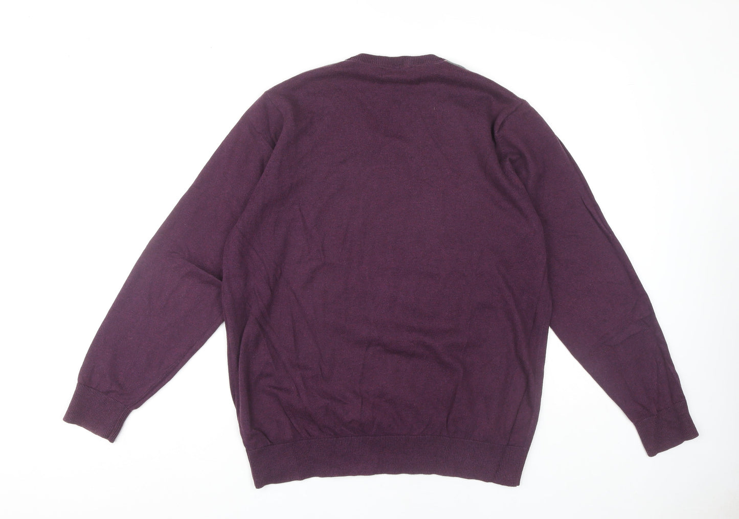 Marks and Spencer Men's Purple Argyle V-Neck Jumper L