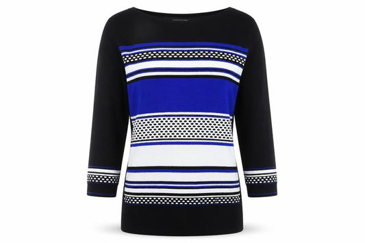 Front view of Principles Petite Black Blue Striped Tunic