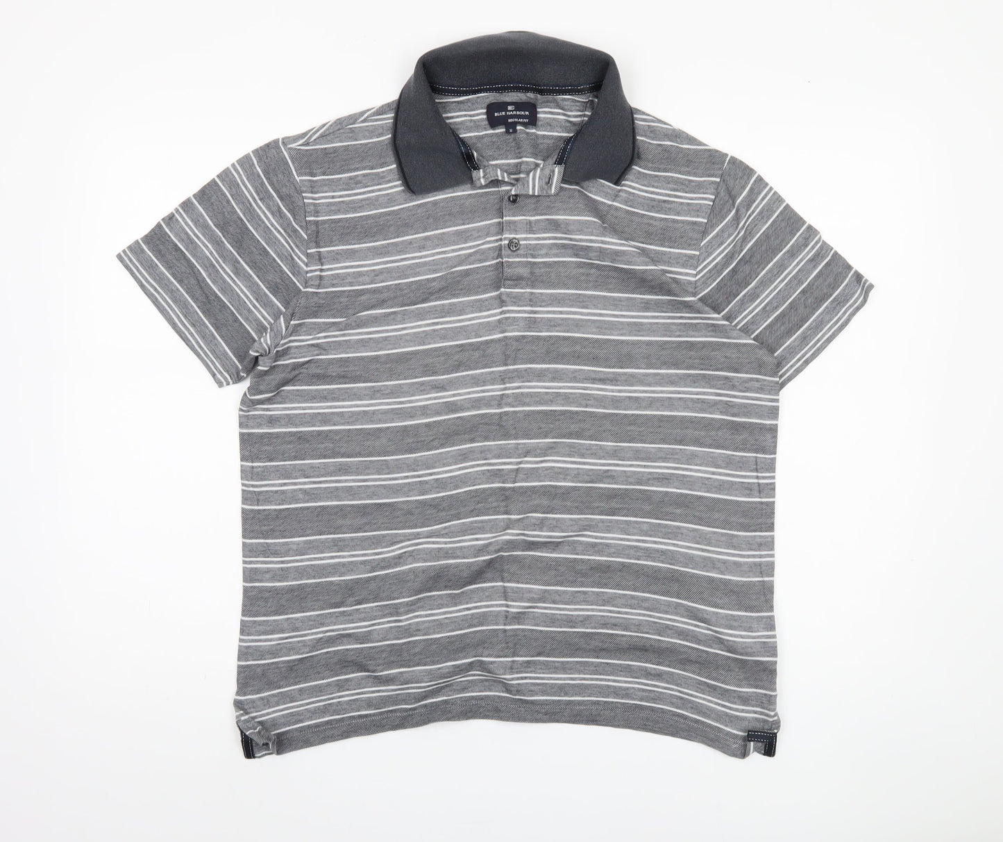 Marks and Spencer Men's Grey Striped Polo, Size M, Regular Fit