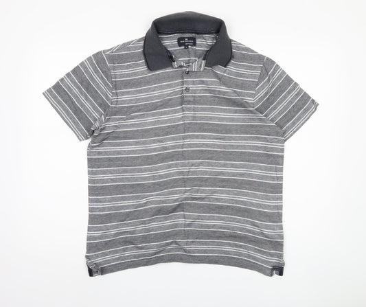 Marks and Spencer Men's Grey Striped Polo, Size M, Regular Fit