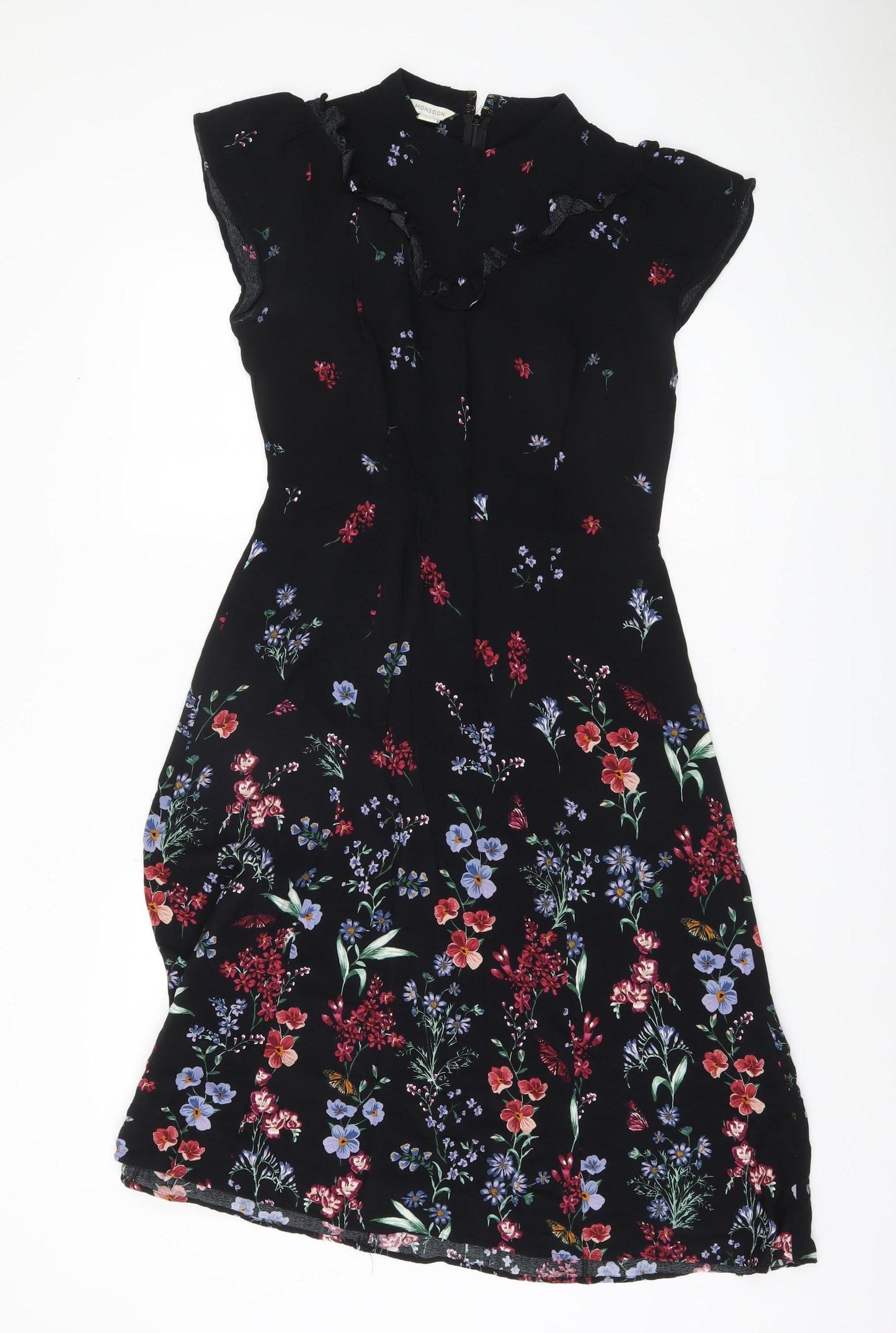 Monsoon Black Floral A-Line Dress, UK 12, Women's