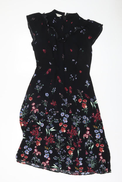 Monsoon Black Floral A-Line Dress, UK 12, Women's