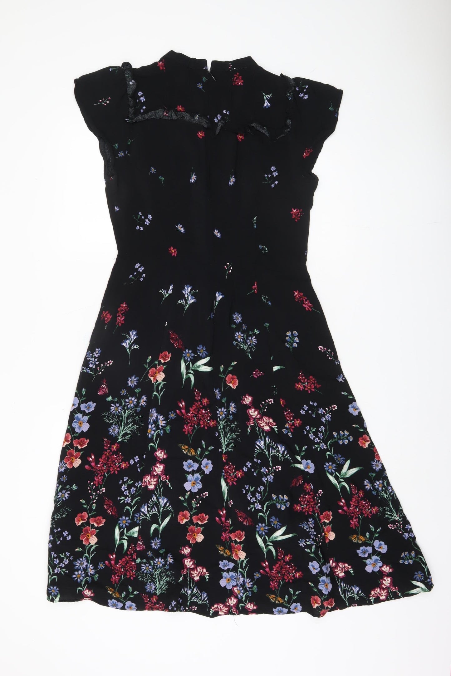 Monsoon Black Floral A-Line Dress, UK 12, Women's