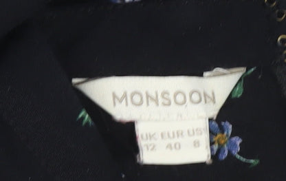 Monsoon Black Floral A-Line Dress, UK 12, Women's