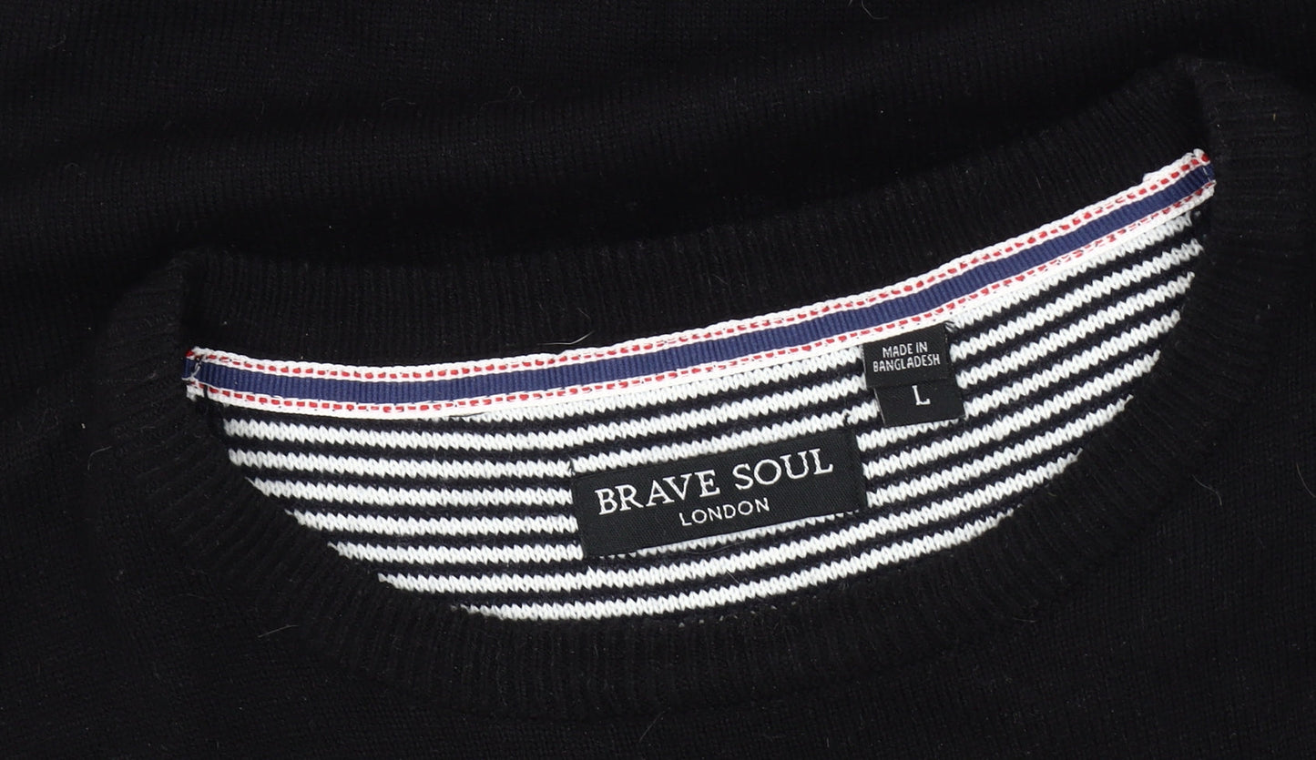Brave Soul Men's Black Acrylic Crew Neck Jumper
