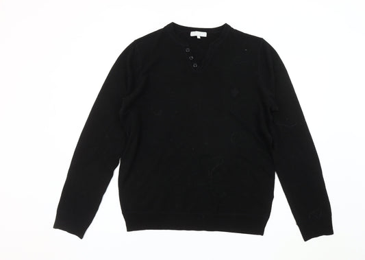 Red Herring Men's Black Henley Jumper, Size L