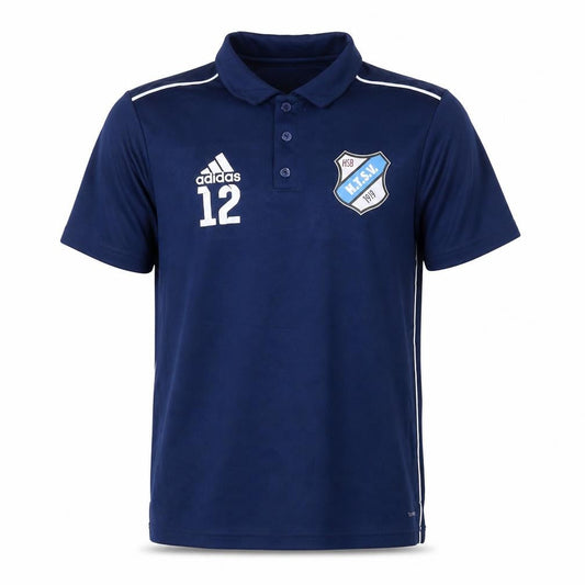 Front view of adidas boys’ blue polo top l short sleeve football
