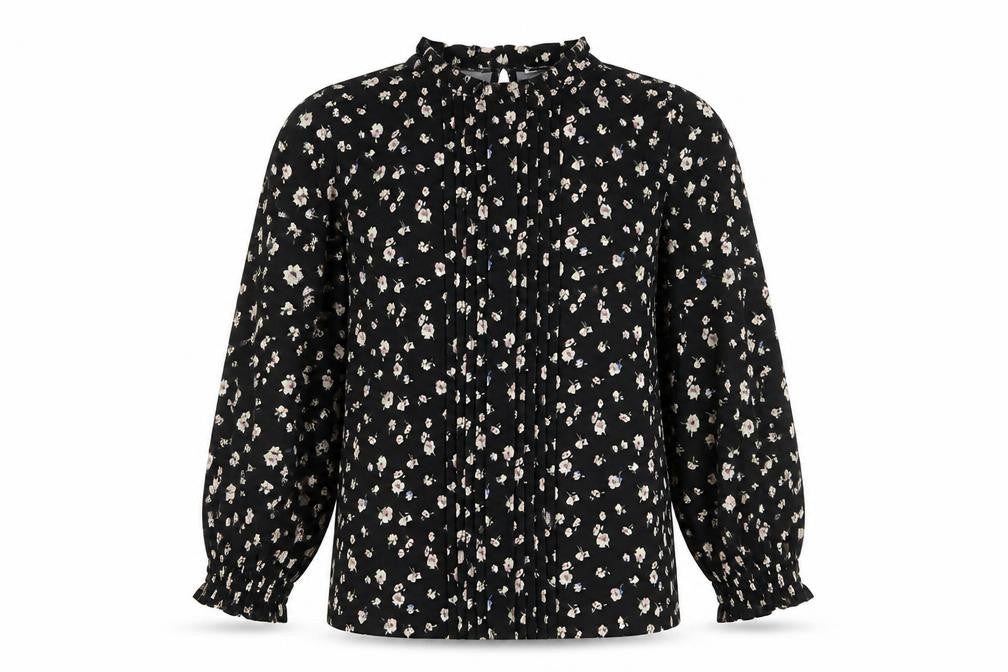Front view of Oasis Women's Black Floral Balloon Sleeve Top, M