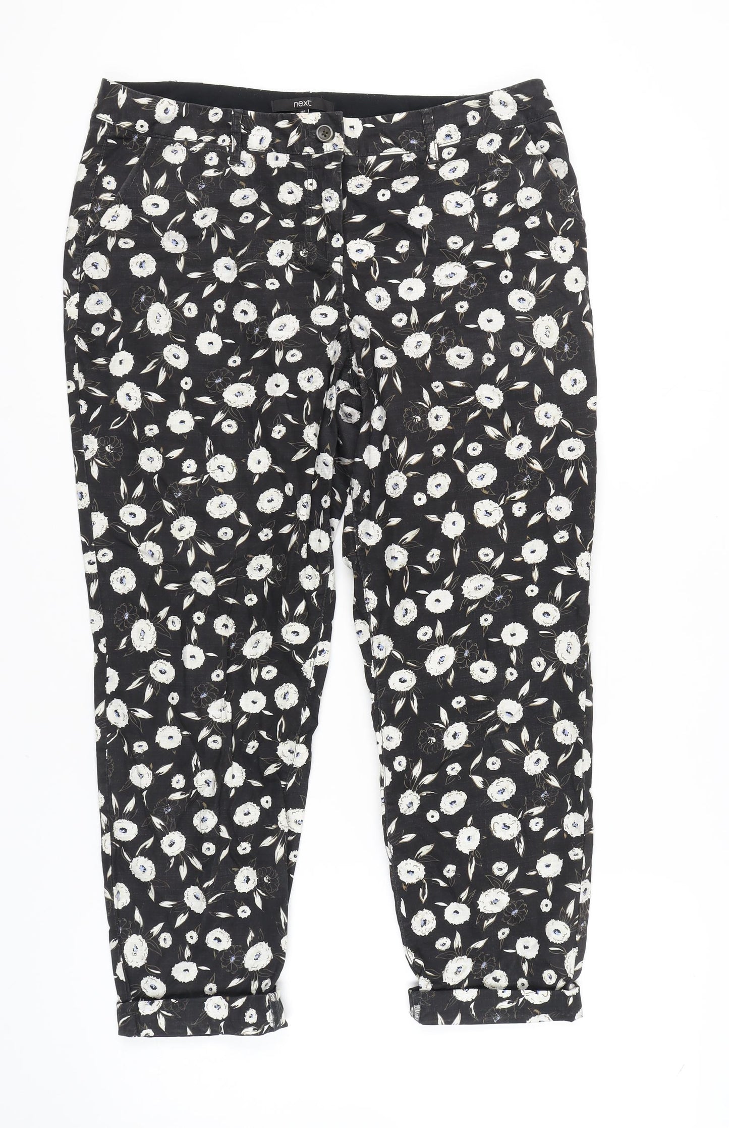 Next Women's Black Floral Cropped Trousers, Size 14