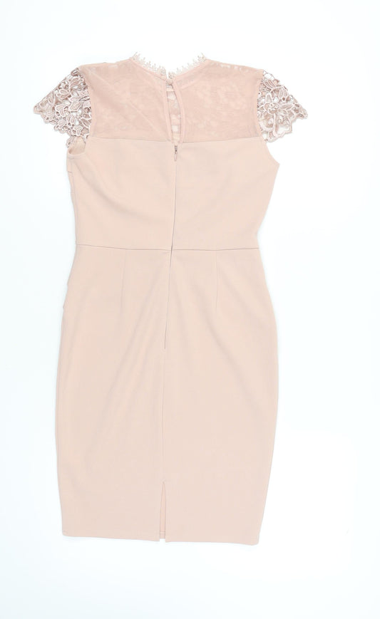 Lipsy Women's Beige Lace Pencil Dress, Size 10, Perfect for Events