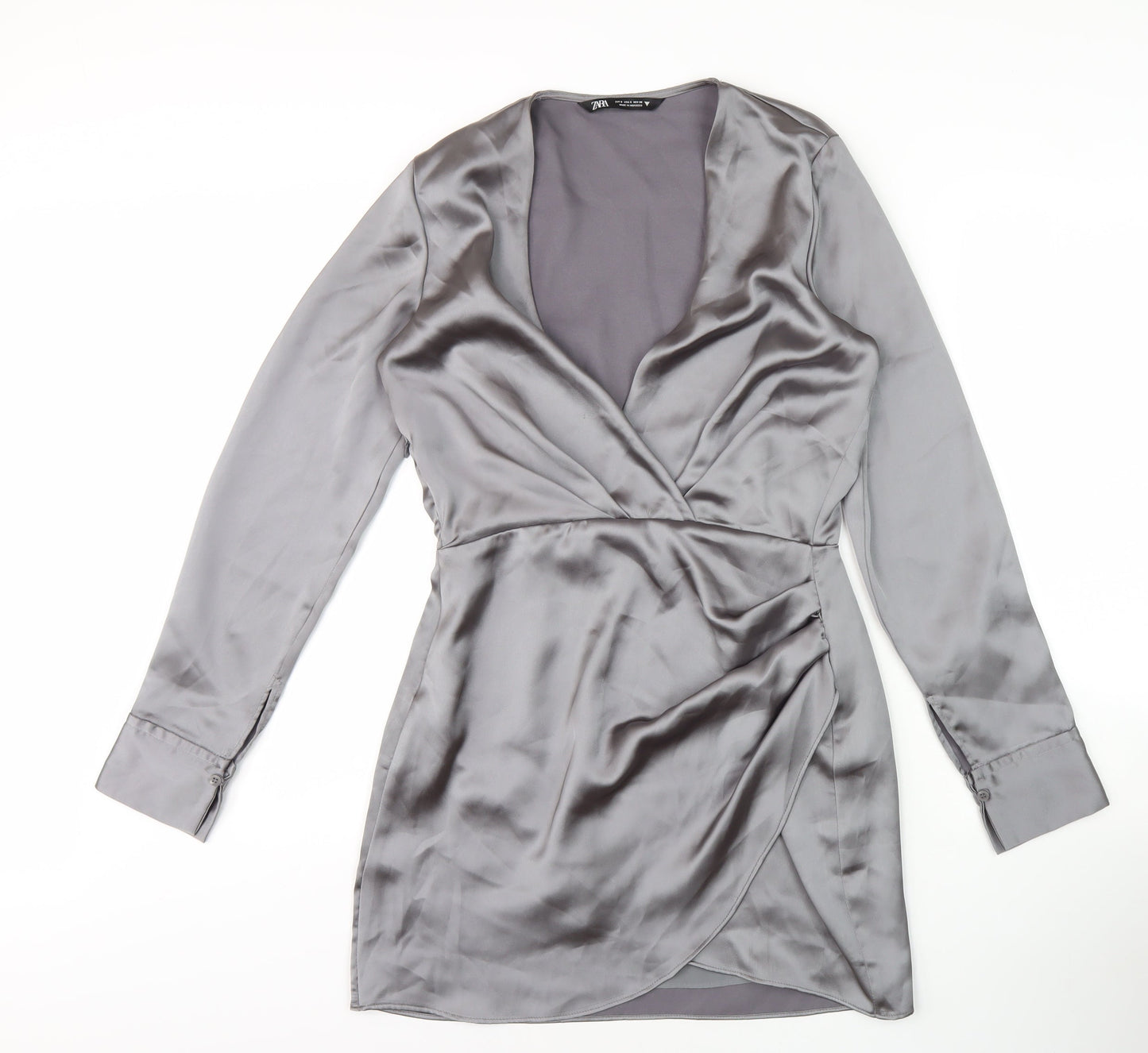 Zara Women's Grey V-Neck Wrap Dress Size 8