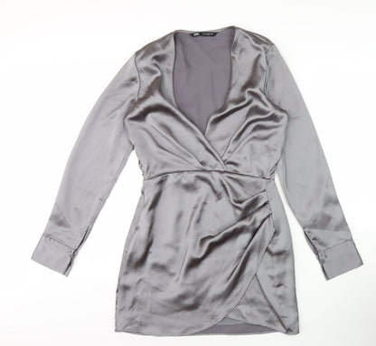 Zara Women's Grey V-Neck Wrap Dress Size 8