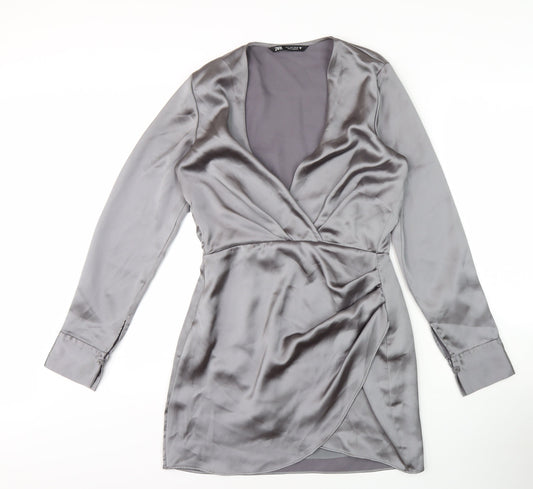 Zara Women's Grey V-Neck Wrap Dress Size 8