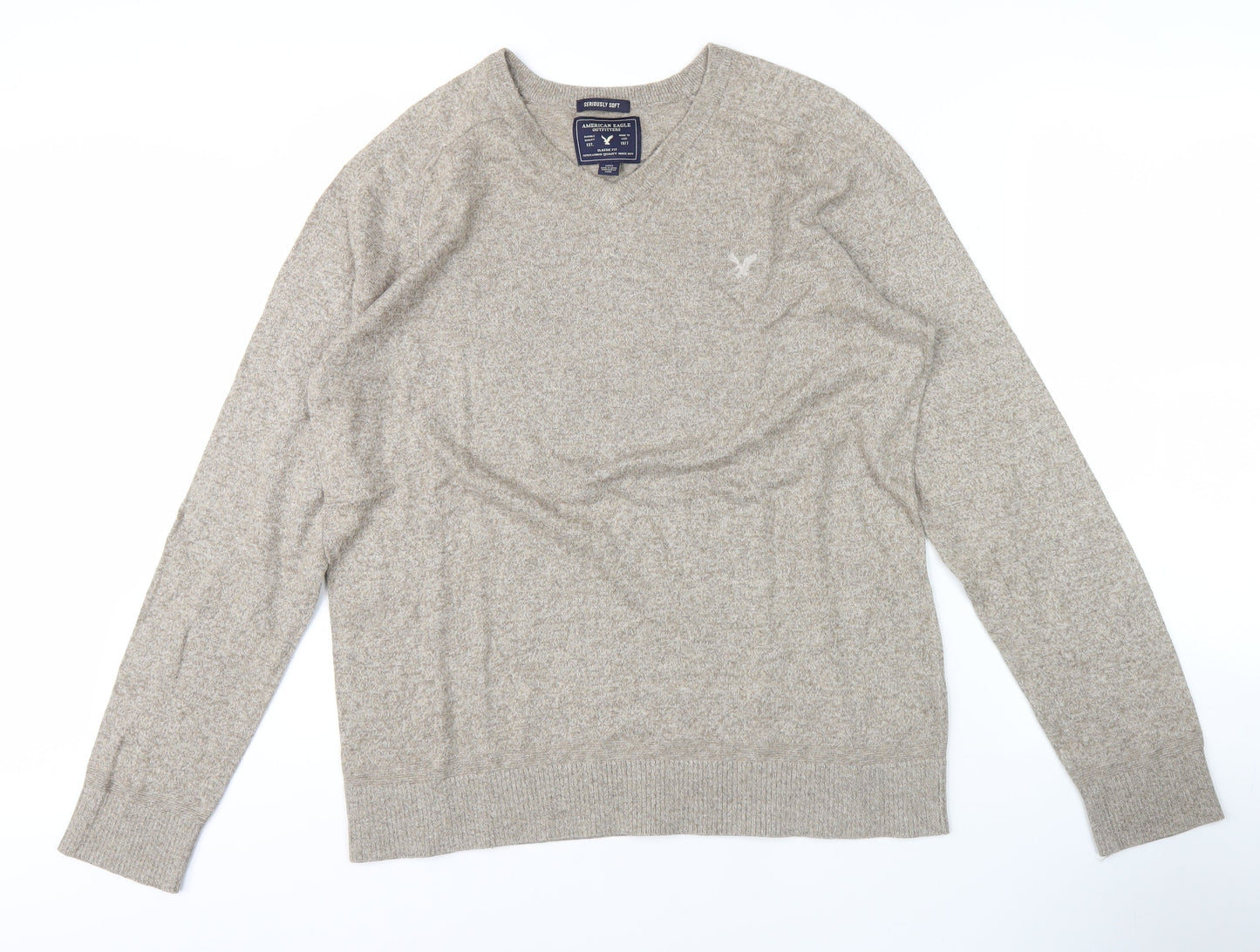 American Eagle Men's Beige V-Neck Pullover Jumper S