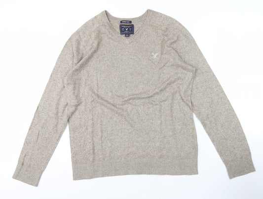 American Eagle Men's Beige V-Neck Pullover Jumper S