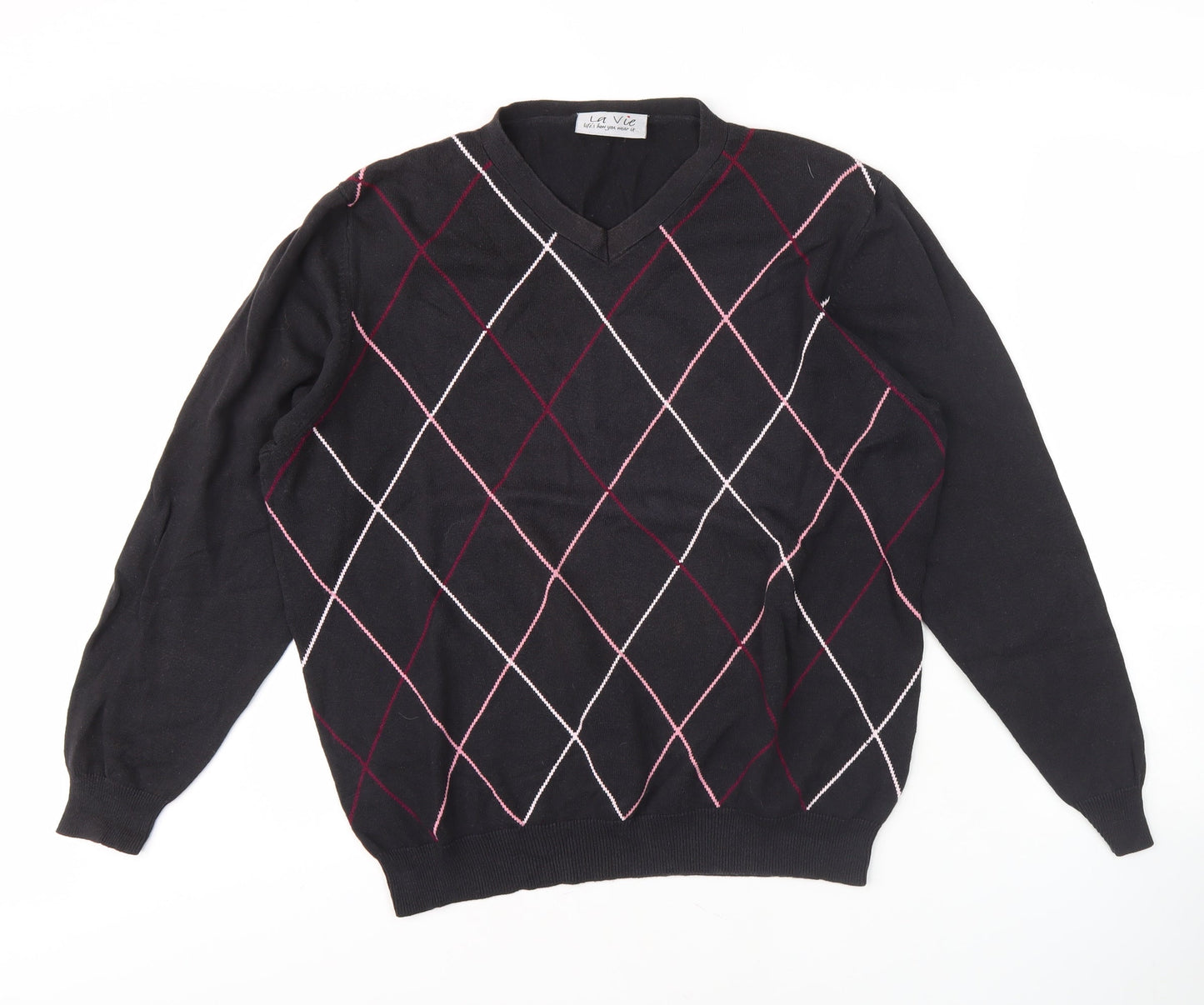 La Vie Men's Black Argyle V-Neck Pullover, L