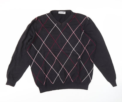 La Vie Men's Black Argyle V-Neck Pullover, L