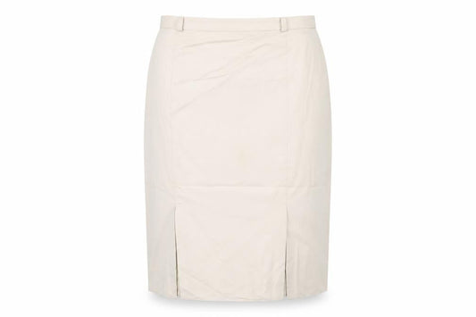 Front view of Canda Women's Beige Pencil Skirt, size 18, Button Closure