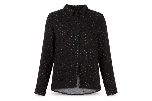 Front view of b.young Women's Black Polka Dot Button-Up Shirt