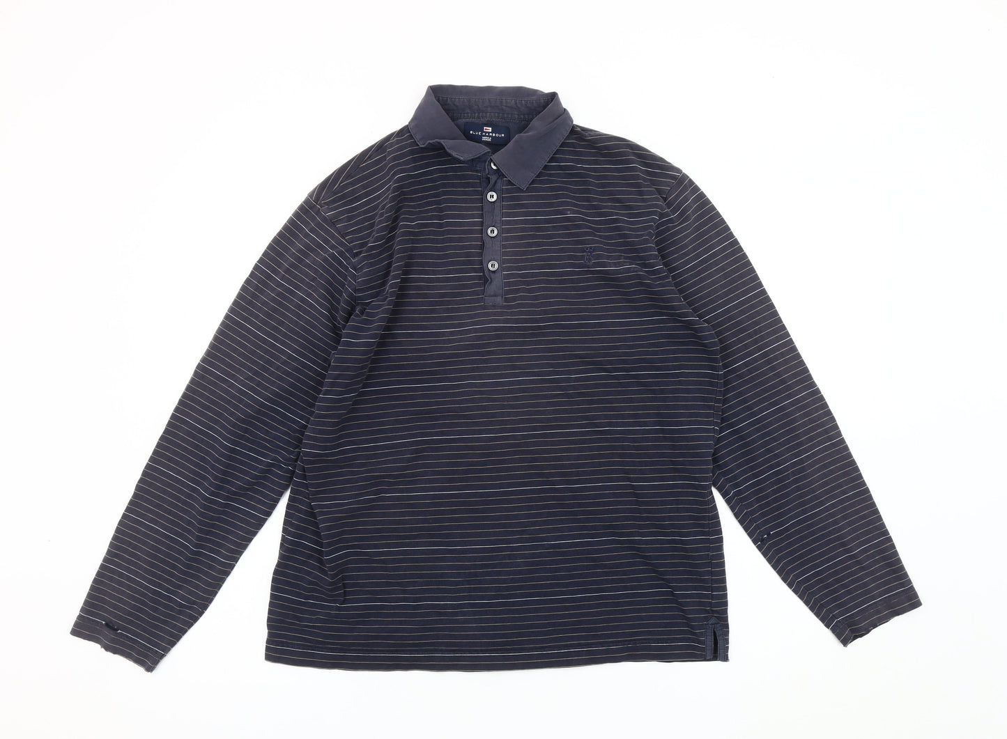 Marks & Spencer Men's Navy Striped Long Sleeve Polo M