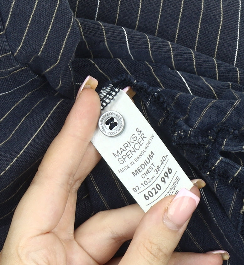 Marks & Spencer Men's Navy Striped Long Sleeve Polo M