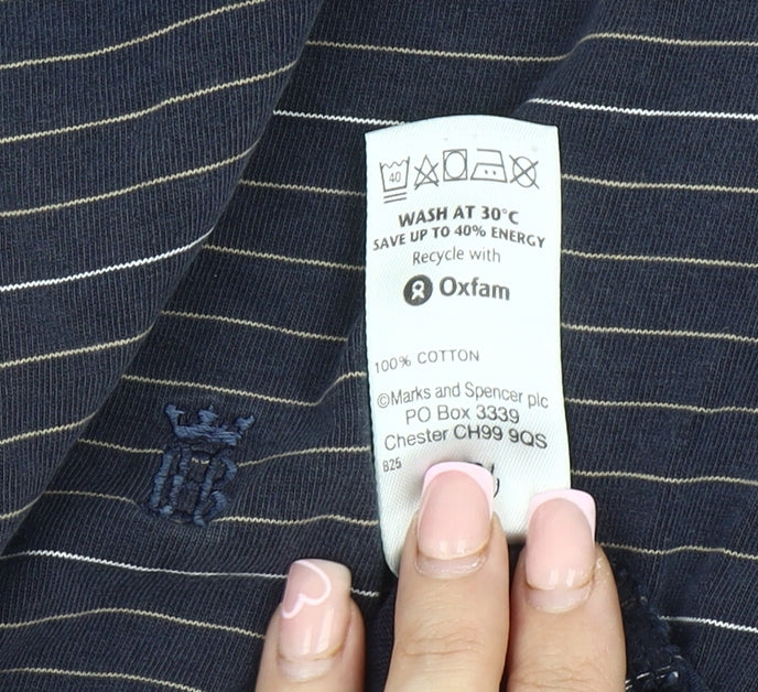 Marks & Spencer Men's Navy Striped Long Sleeve Polo M
