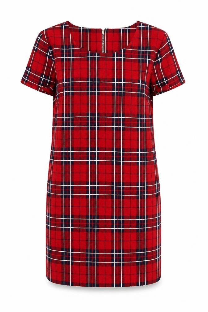 Next Women's Red Plaid Shift Dress Size 10 Short Sleeve