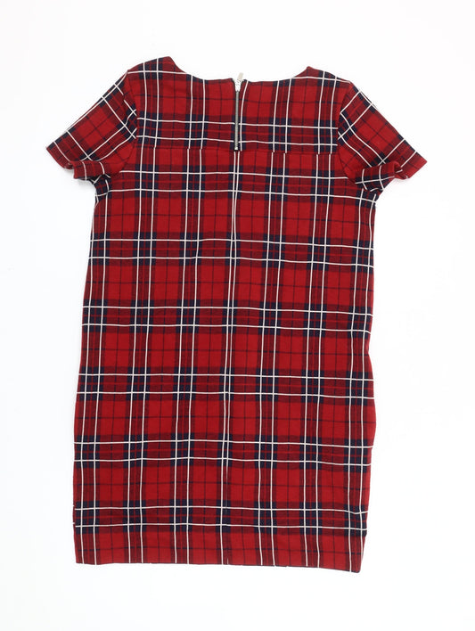 Next Women's Red Plaid Shift Dress Size 10 Short Sleeve