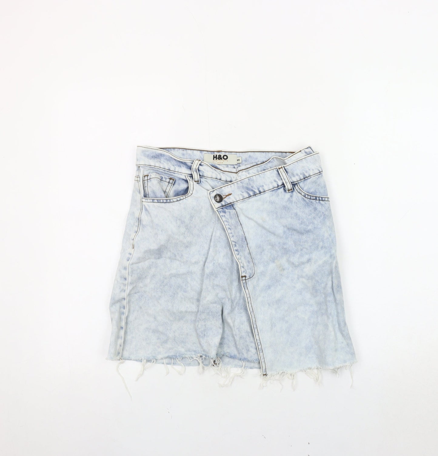 H&O Women's Blue Denim Mini Skirt, Size S, Fringed Casual