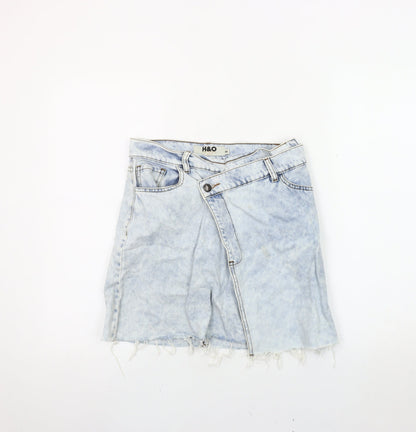 H&O Women's Blue Denim Mini Skirt, Size S, Fringed Casual