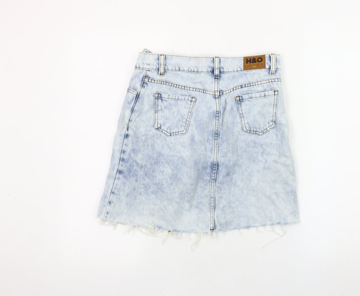 H&O Women's Blue Denim Mini Skirt, Size S, Fringed Casual