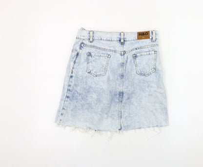 H&O Women's Blue Denim Mini Skirt, Size S, Fringed Casual
